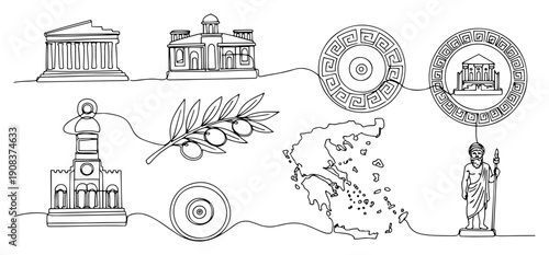 Continuous line drawing of ancient Greek symbols and famous landmarks of Greece