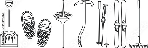 Winter outdoor equipment line icon set with shovel, snowshoes, rake, ice axe, ski poles, skis, and gardening tool outline illustration