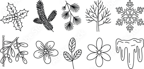 Seasonal nature outline icon set with holly, pine branches, bare tree, snowflake, mistletoe, flowers, leaves, and melting icicle illustration