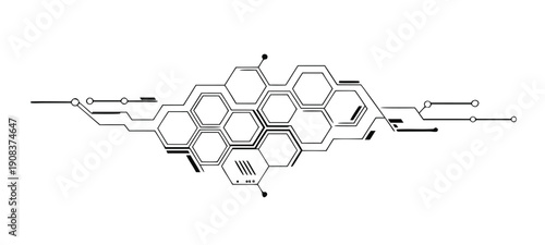 Futuristic connected black circuit hexagon on a white background. Futuristic tech design elements. Infographic UI elements for a technology concept. Cyber hi-tech pattern. Vector illustration.