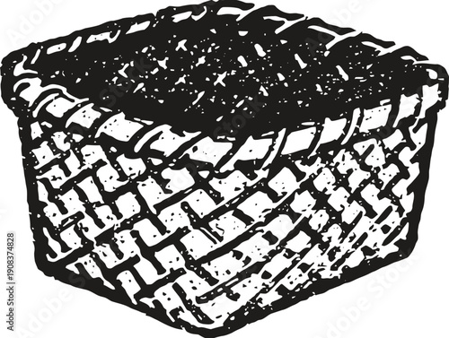 Woven wicker basket illustration hand drawn square storage container with textured pattern and shading