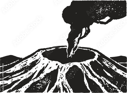 Volcano erupting with smoke and lava flowing, black and white vintage woodcut illustration