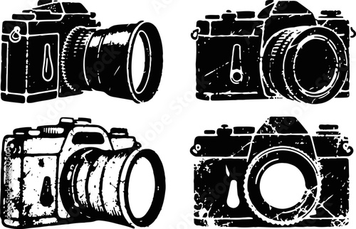 vintage camera silhouettes set grunge equipment icons retro devices collection in black and white