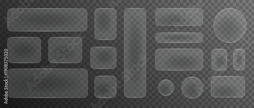 Glasmorphism liquid button frames, Glass texture geometric rectangular and round shapes, Blurred glass effect with glare.