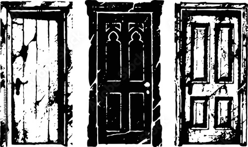 Set of three vintage wooden doors with distressed textures and classic panel designs