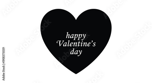 A stark black heart shape displays the text happy valentine s day in white creating a simple greeting