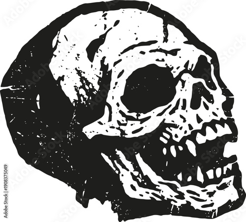 Grunge skull illustration distressed human skeleton head with teeth and eye sockets in black and white