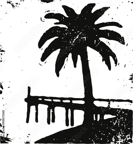 Black and white silhouette of palm tree and wooden pier on textured background