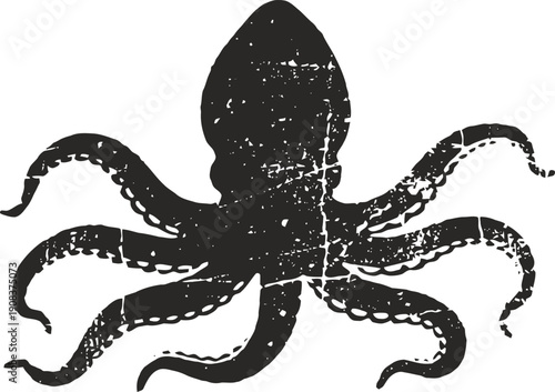 Grunge octopus silhouette with eight tentacles, marine sea creature design element