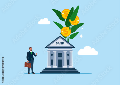 Businessman investor hand holding money flower plant from bank. Investment growth, prosperity or earn more money from savings, mutual funds. Modern vector illustration in flat style