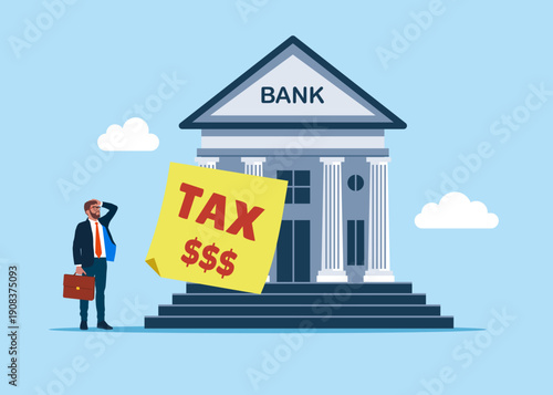 Entrepreneur looking at tax bills. Tax burden or debt to pay for income tax, financial charge and duty to pay for government, accounting or bills, wealth management. Flat vector illustration