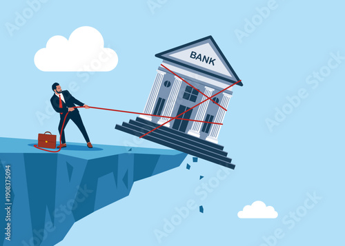 Businessman trying to save his bank house. Financial problems of debt or loan. Modern vector illustration in flat style 