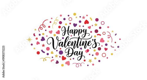 A vibrant and colorful illustration displays the text happy valentine s day surrounded by confetti and hearts high quality