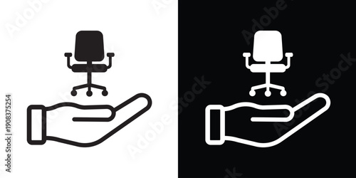 Office chair icon held in a hand. Symbolizes workspace management, career opportunities, job placement services, and remote work infrastructure. Minimalist corporate vector design.
