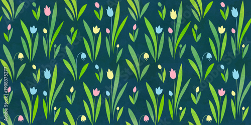 Spring flowers seamless vector pattern. Cute small flowers and grass background, girly print