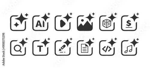 Set of Generate AI user interface. Artificial intelligence sign. AI enters by command prompt to generate ideas. AI tool and square. Icon element for apps, and websites. Vector illustration.