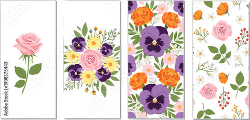 Vibrant Floral Illustration Collection Featuring Pink Roses Purple Pansies and Seamless Garden Flower Patterns for Elegant Wedding Stationery Greeting Cards Spring Decor and Romantic Branding