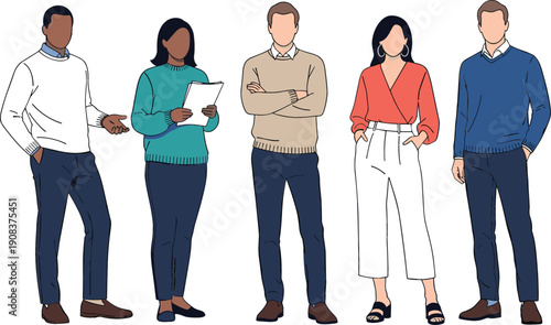Flat vector illustration of a diverse professional team in modern casual business attire for website and marketing