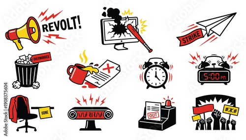 Workplace Stress and Revolt Icon Set Labor Strike and Employee Burnout Vector Graphics