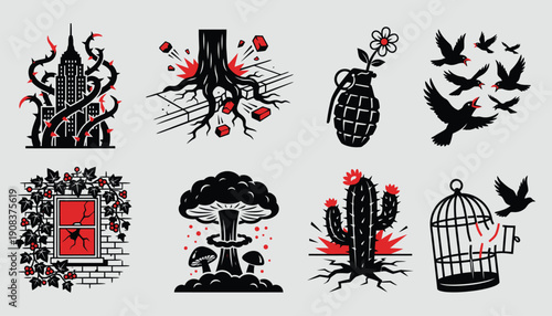 Black and Red Symbols of Conflict, Freedom, and Nature's Power