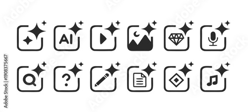Set of Generate AI user interface. Artificial intelligence sign. AI enters by command prompt to generate ideas. AI tool and square. Icon element for apps, and websites. Vector illustration.