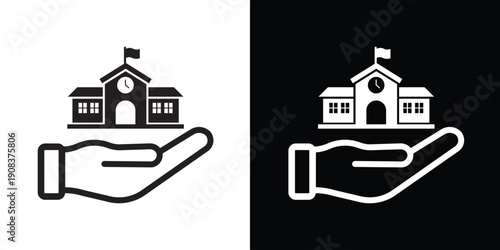 Hand holding a school building icon. Symbolizes education support, scholarship programs, academic funding, and campus management services. Minimalist black and white vector design.