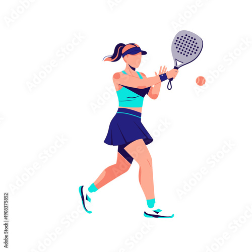 Woman playing padel tennis, hitting ball with racket, sporty outfit, dynamic action shot