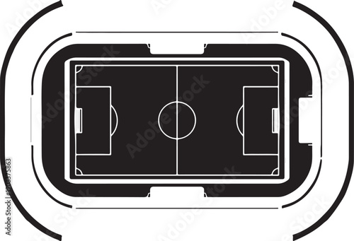 A detailed overhead view of a soccer field enclosed within a stadium.