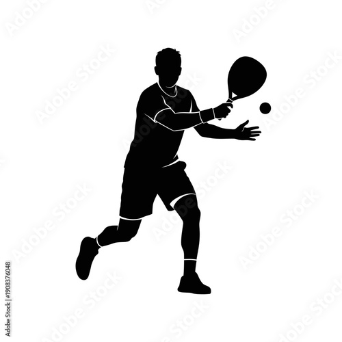 Silhouette of a man playing tennis, hitting the ball with a racket on a white background