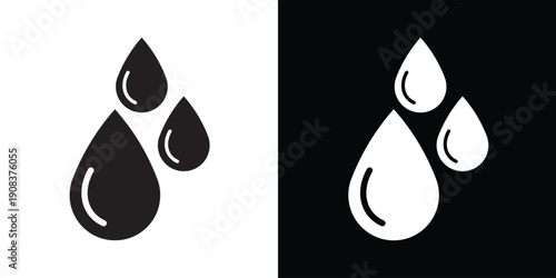 Three liquid droplets of varying sizes. Symbolizes water conservation, hydration, rainy weather, purity, and environmental care. Minimalist flat design in black and white.