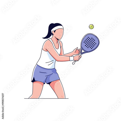 Woman playing padel tennis, hitting ball with racket on court, active lifestyle