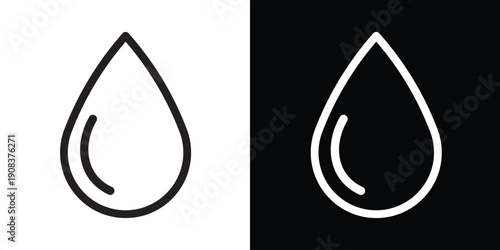 Three liquid droplets of varying sizes. Symbolizes water conservation, hydration, rainy weather, purity, and environmental care. Minimalist flat design in black and white.