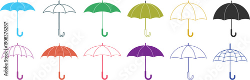 Umbrella icon vector set, rain illustration sign collection with weather protection symbols, waterproof shelter graphics, storm and rainfall elements, clean minimal flat vector design isolated.