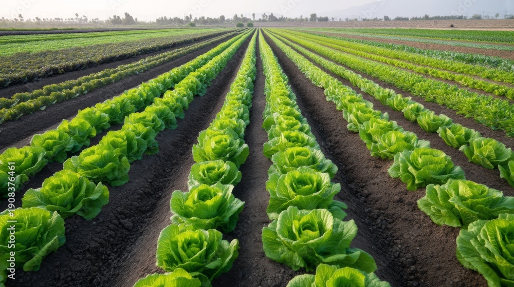 Fototapeta premium Lush Green Vegetable Field with Rows of Fresh Lettuce Growing Under Clear Sky and Vibrant Landscape in Early Morning Light