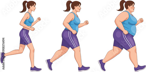 Vector illustration of diverse women jogging for fitness and health featuring different body types in athletic sportswear isolated on white