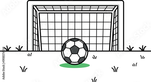 Soccer goal and ball on green grass field vector illustration representing sports training competition and outdoor activity.