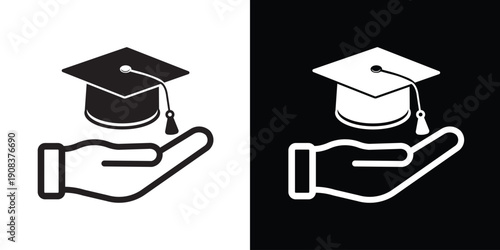 Icon of a hand supporting a graduation cap. Represents scholarship, educational funding, academic support, and student guidance services. Vector line art.