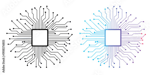 AI chip processor with circuit line on a white background. Artificial intelligence, deep learning, and machine learning. CPU and Microchip. Icon element for application and web. Vector illustration.