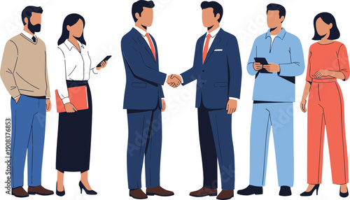 Flat vector illustration showcasing a professional handshake between businessmen surrounded by a diverse team representing various industries