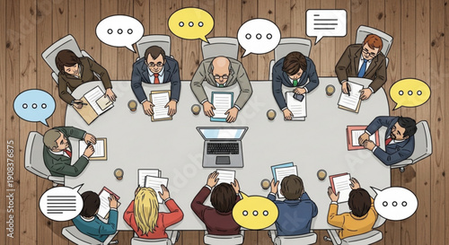 People gathered around a conference table discussing documents and ideas in a meeting room setting