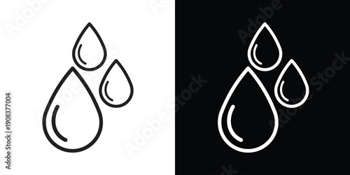 Three liquid droplets of varying sizes. Symbolizes water conservation, hydration, rainy weather, purity, and environmental care. Minimalist flat design in black and white.