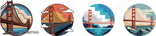 San Francisco Landmark Circular Badges Golden Gate Bridge Travel Illustration Set