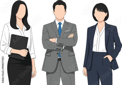 Modern professional business team vector illustration with male and female characters in corporate suits standing in a confident group isolated on white background