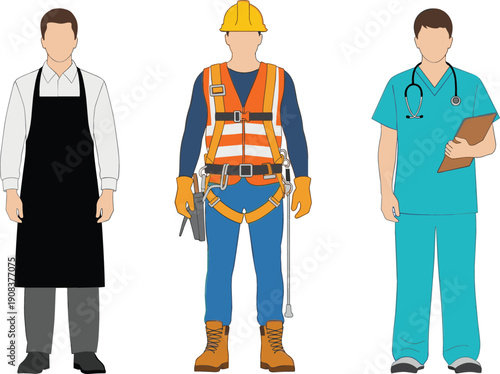 Professional essential workers character set featuring a barista construction worker and medical doctor in uniform for career industry concepts