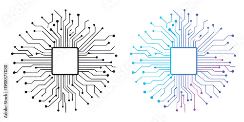 AI chip processor with circuit line on a white background. Artificial intelligence, deep learning, and machine learning. CPU and Microchip. Icon element for application and web. Vector illustration.