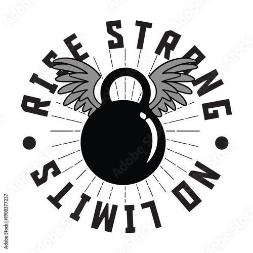 A black kettlebell with wings, surrounded by text and radiating lines, symbolizing strength and limitless potential