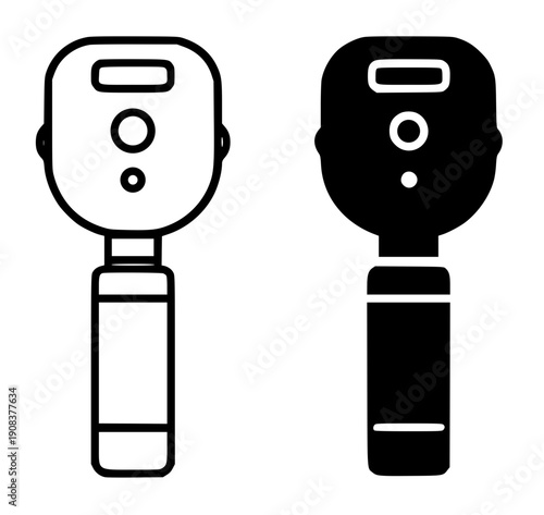 Health and medical icon, vector illustration of ophthalmoscope, black and white in outline and silhouette design