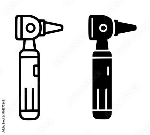 Health and medical icon, vector illustration of otoscope, black and white in outline and silhouette design