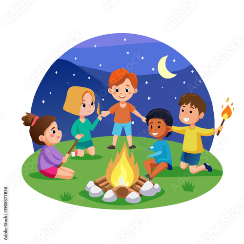 NG available
Diverse kids camping, roasting marshmallows by a campfire. Happy children, summer camp fun, tent under a starry sky. Vector cartoon of friendship and outdoor