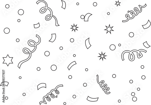 Illustration of black and white outline confetti streamers stars circles falling seamless pattern for coloring book page
